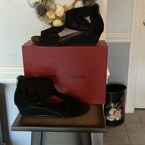 Donald J. Pliner Black Laser-Cut Suede Wedge Sandals